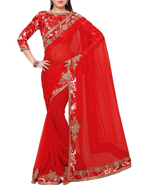 red georgette bordered saree - 14466582 - Very Small Image - 1