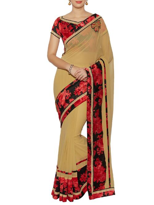 beige georgette bordered saree - 14466616 - Very Small Image - 1