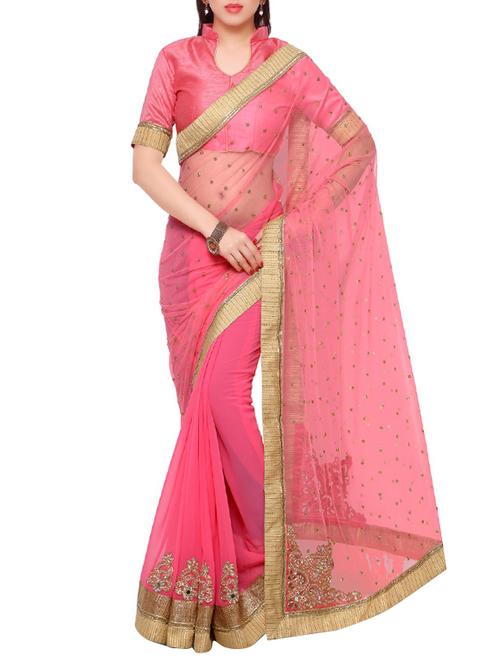 pink georgette embroidered saree - 14466627 - Very Small Image - 1