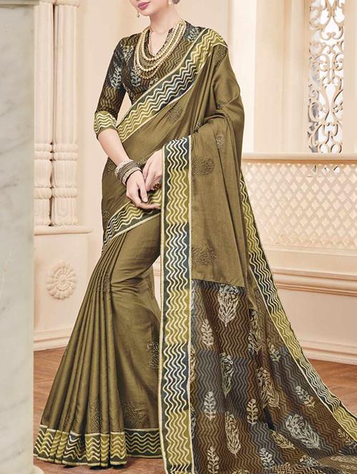 brown raw silk printed saree with blouse - 14466644 - Very Small Image - 1