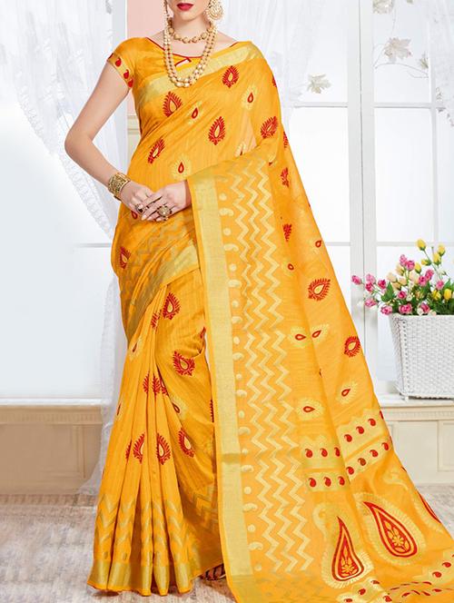 yellow raw silk embroidered saree - 14466650 - Very Small Image - 1