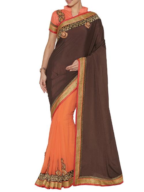 brown and orange half & half saree - 14466702 - Very Small Image - 1