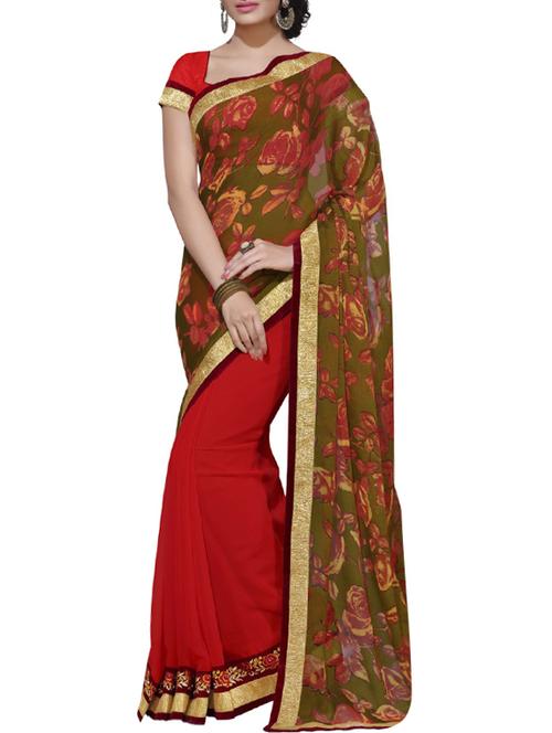 green and red half & half saree with blouse - 14466707 - Very Small Image - 1