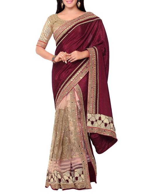 maroon half & half saree - 14466822 - Very Small Image - 1