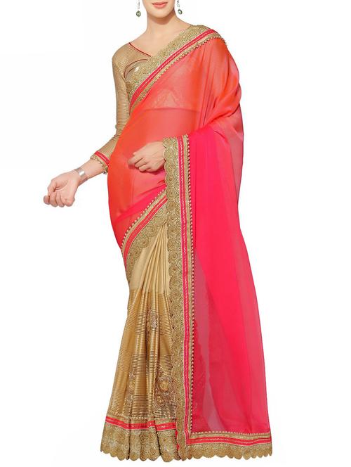 Pink and beige half & half saree - 14466868 - Very Small Image - 1