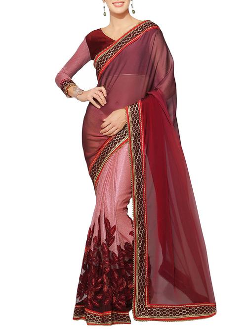 maroon and pink half & half saree - 14466877 - Very Small Image - 1