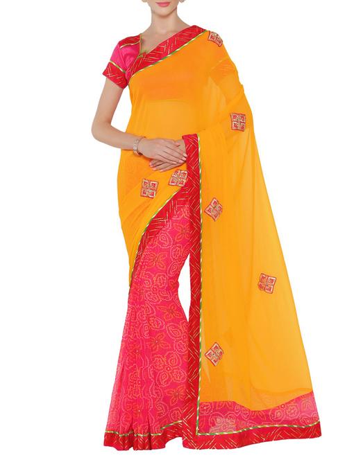 yellow and pink half & half saree - 14466888 - Very Small Image - 1
