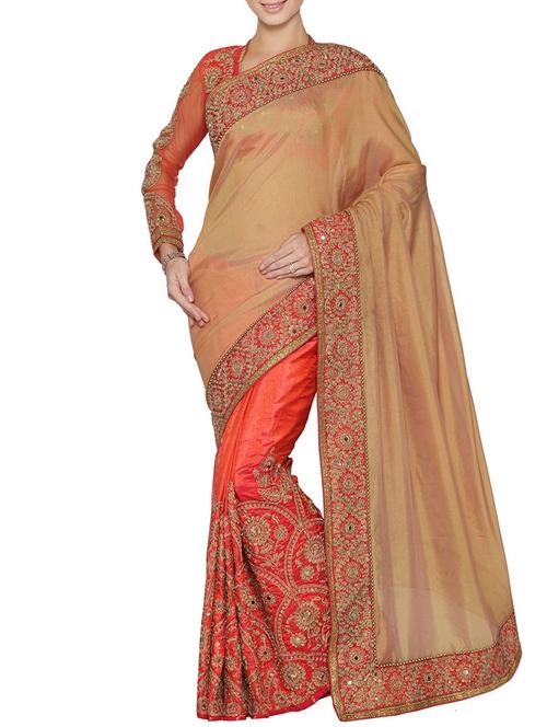 beige and orange half & half saree - 14466893 - Very Small Image - 1
