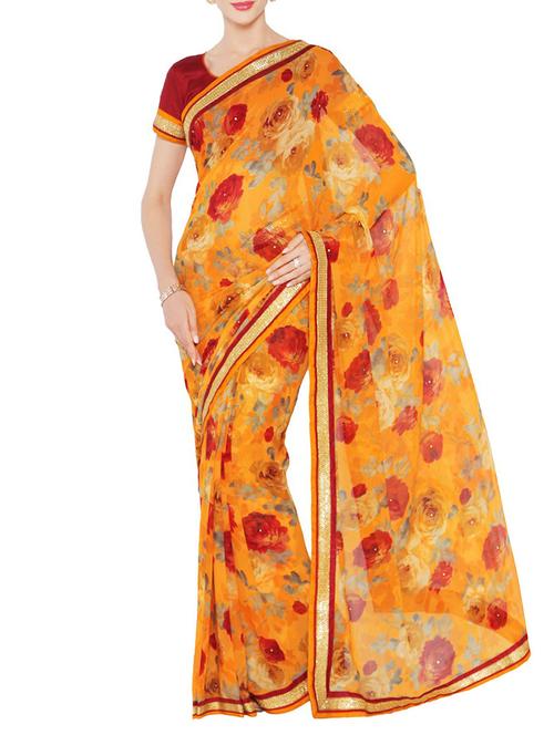 Yellow printed saree - 14466903 - Very Small Image - 1