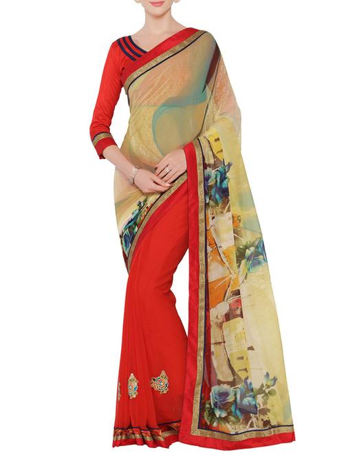 Red and red half & half saree - 14466909 - Very Small Image - 1