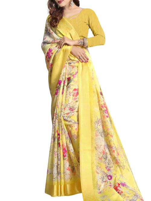 yellow linen printed saree with blouse - 14466919 - Very Small Image - 1