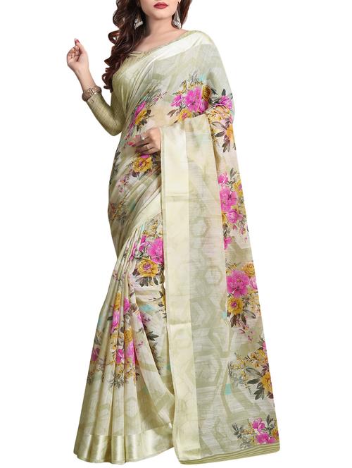 Cream printed saree with blouse - 14466926 - Very Small Image - 1