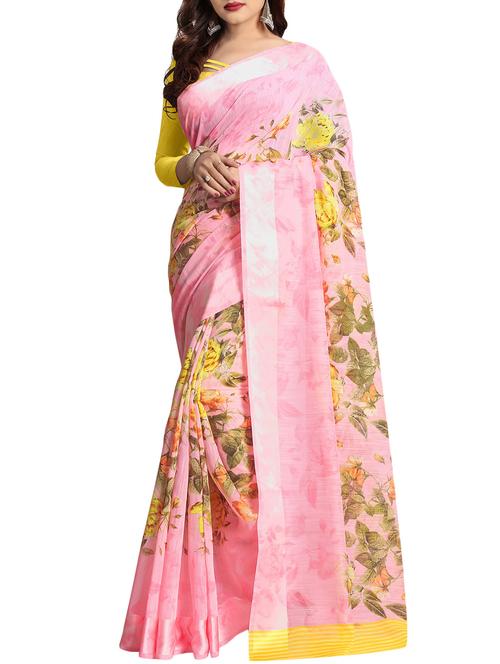pink linen printed saree with blouse - 14466931 - Very Small Image - 1