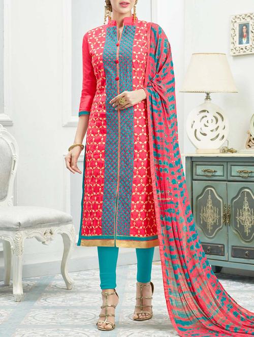 pink chanderi cotton dress material - 14466940 - Standard Image - 1