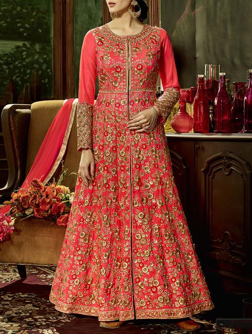red silk anarkali semistitched suit - 14467528 - Very Small Image - 1
