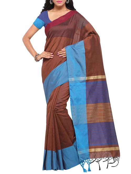 brown bordered saree with blouse - 14467661 - Very Small Image - 1