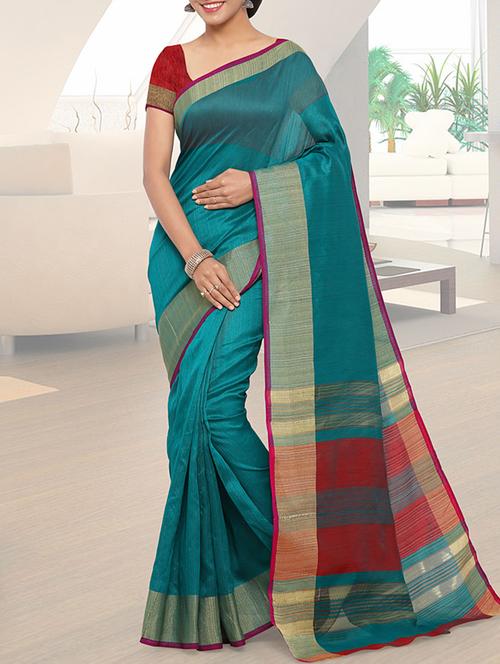 turquoise bordered saree with blouse - 14467674 - Very Small Image - 1
