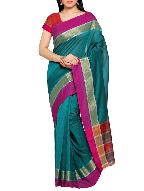 turquoise bordered saree with blouse - 14467679 - Standard Image - 1