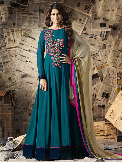 turquoise georgette semi-stitched anarkali suit - 14468003 - Very Small Image - 1