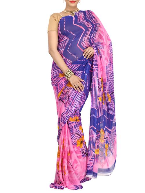 pink printed saree with blouse - 14468043 - Very Small Image - 1