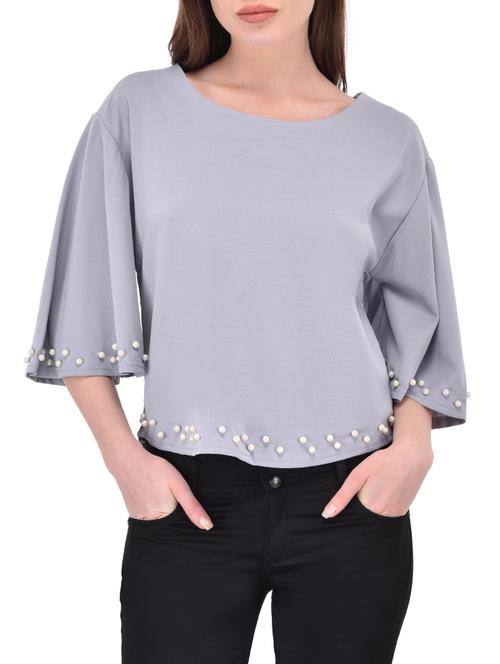 solid grey bell sleeved top - 14468202 - Standard Image - 1