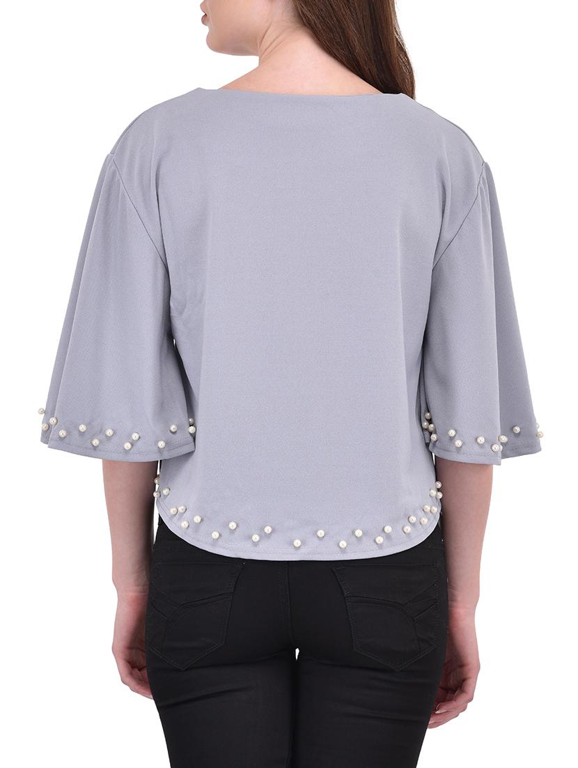 solid grey bell sleeved top - 14468202 - Zoom Image - 3