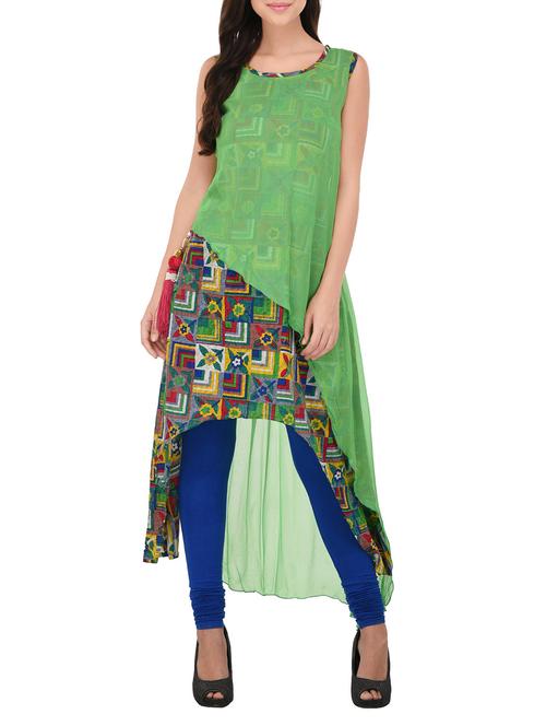 green cotton high-low kurta - 14469051 - Very Small Image - 1