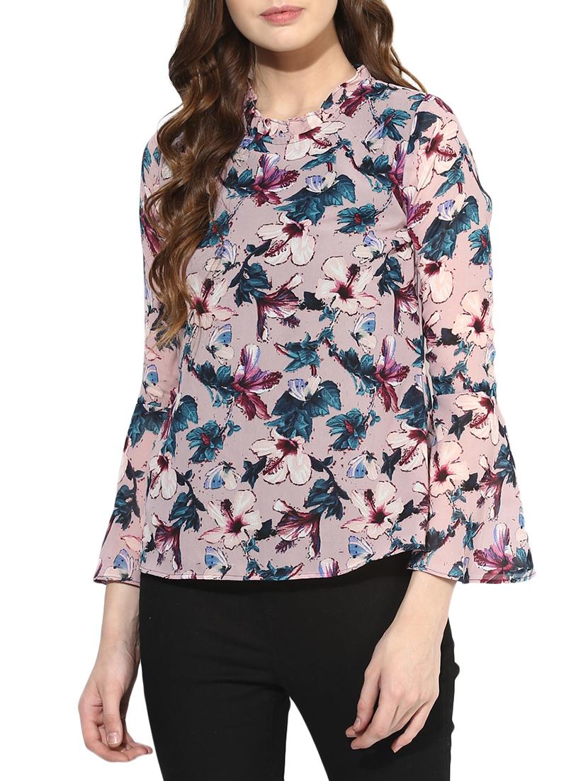 frilled neck bell sleeved floral top - 14469153 - Zoom Image - 1