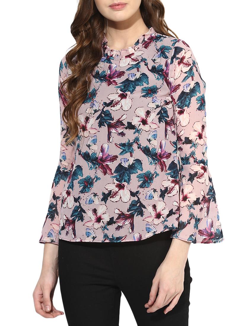 frilled neck bell sleeved floral top