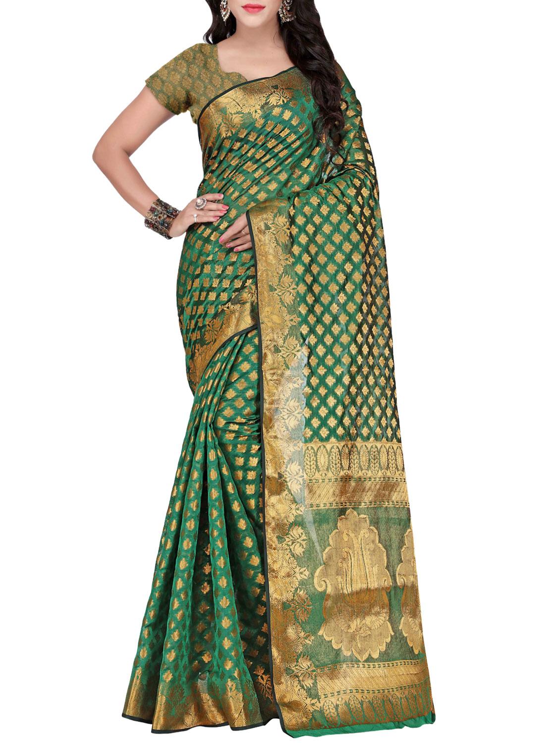 green silk blend banarasi saree with blouse - 14469414 - Zoom Image - 1