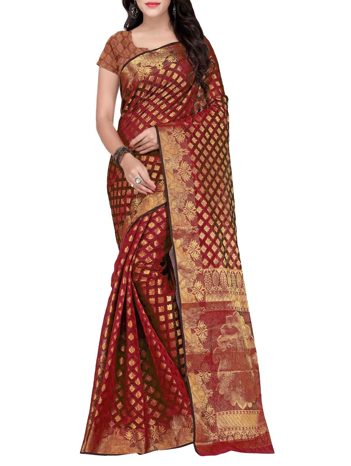 maroon silk banarasi saree with blouse - 14469415 - Zoom Image - 1