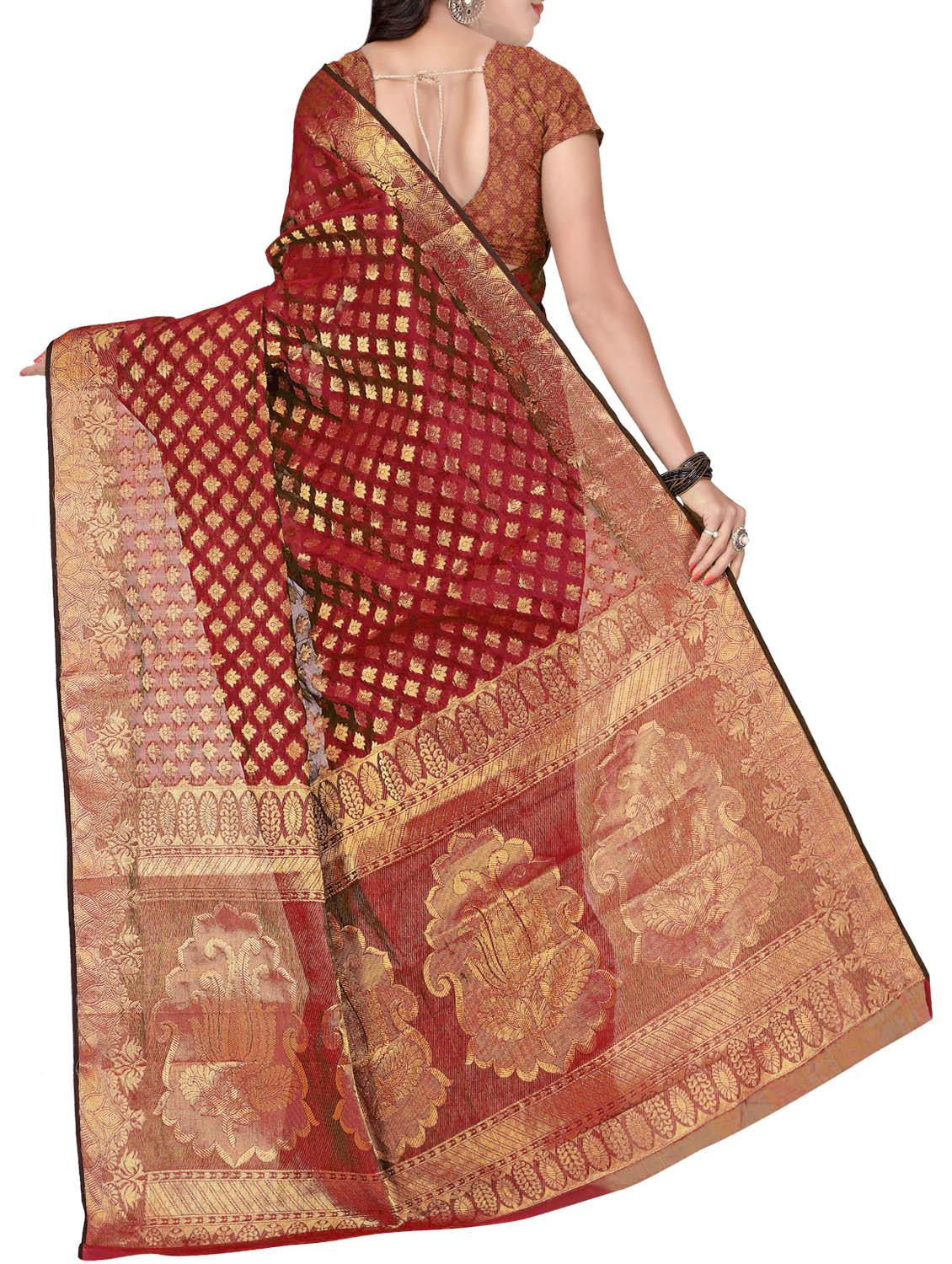 maroon silk banarasi saree with blouse - 14469415 - Zoom Image - 2