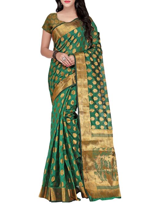 green silk blend banarasi saree with blouse - 14469420 - Very Small Image - 1
