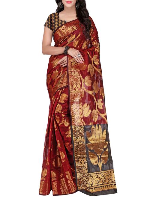 maroon silk blend banarasi saree with blouse - 14469427 - Very Small Image - 1