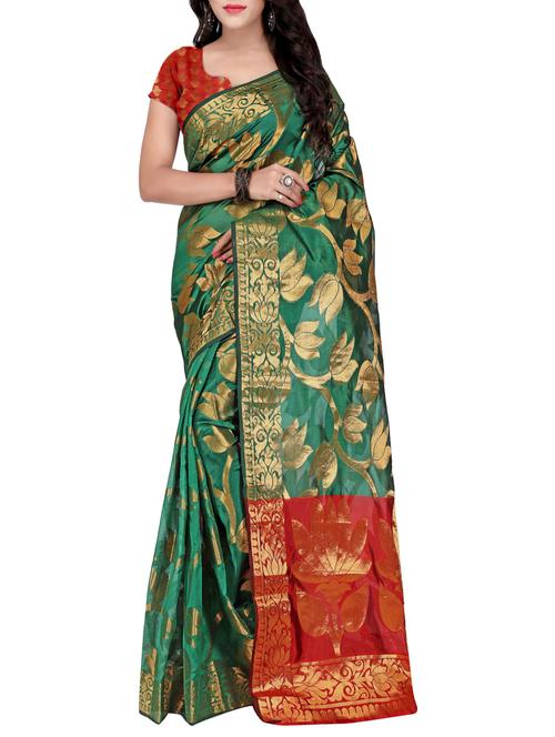 green silk blend banarasi saree with blouse - 14469430 - Very Small Image - 1