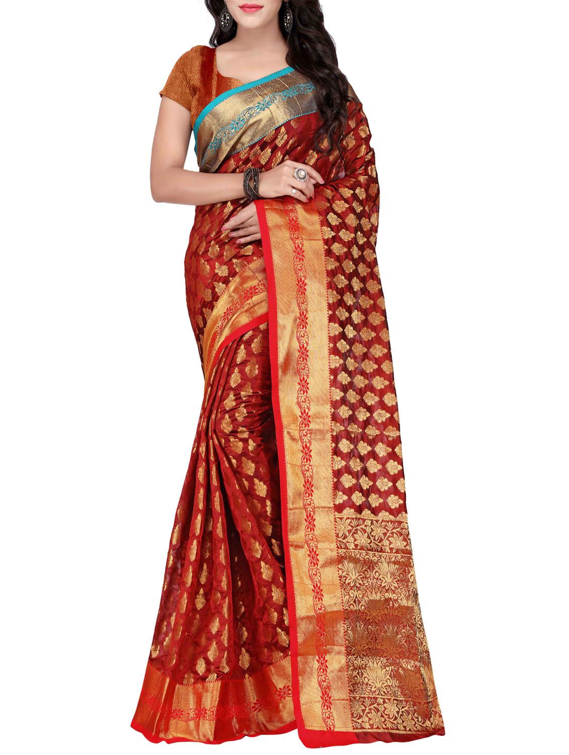 maroon silk banarasi saree with blouse