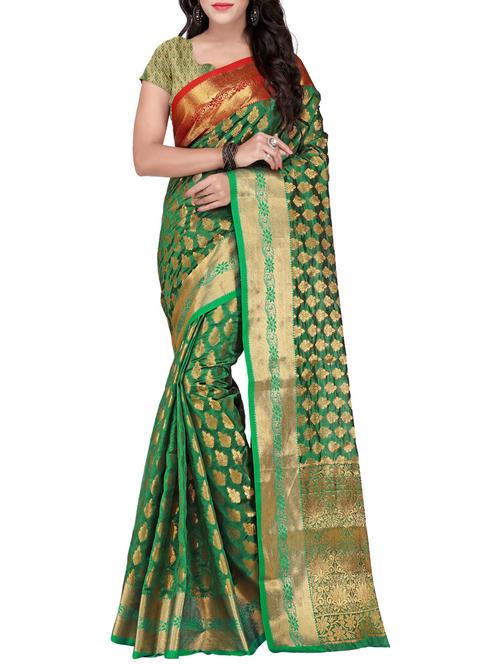 green silk blend banarasi saree with blouse - 14469434 - Very Small Image - 1
