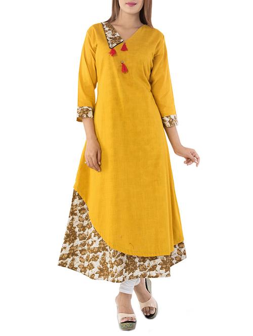 yellow cotton a-line kurta - 14469599 - Very Small Image - 1
