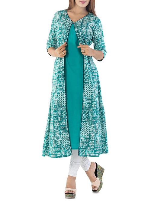 Turquoise cotton a-line kurta - 14469601 - Very Small Image - 1