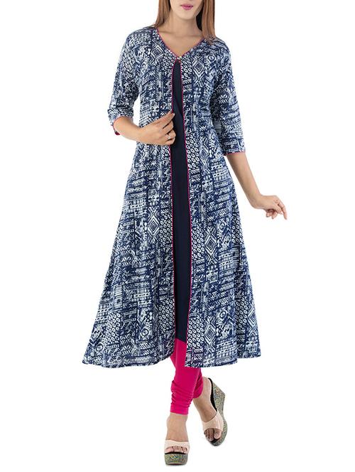 blue cotton a-line kurta - 14469602 - Very Small Image - 1
