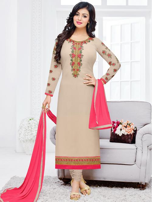beige georgette churidaar suit dress material - 14469728 - Very Small Image - 1