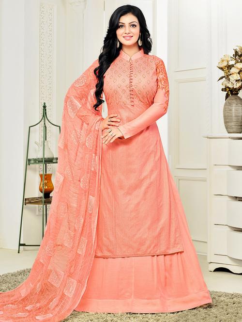 peach georgette skirt suit dress material - 14469742 - Very Small Image - 1
