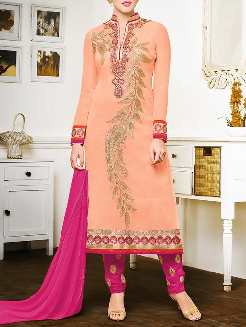 peach georgette salwar suit dress material - 14469747 - Very Small Image - 1