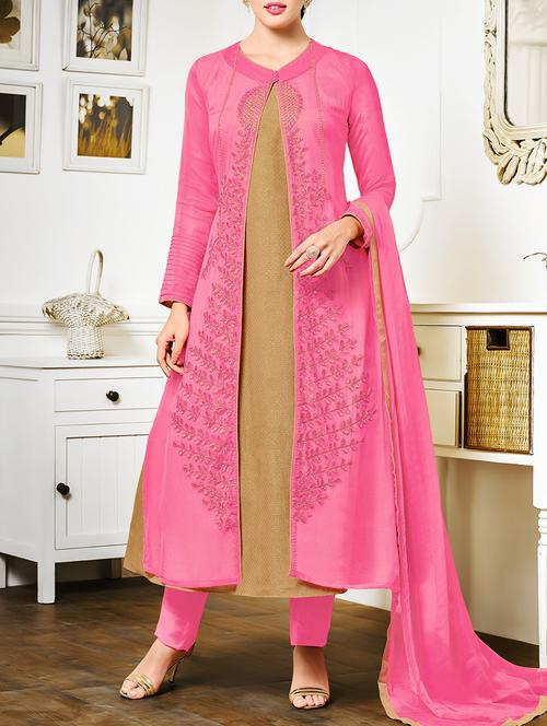 pink georgette straight pant suit dress material - 14469750 - Very Small Image - 1