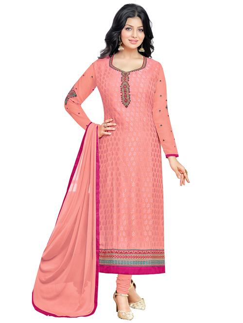 peach georgette churidaar dress material - 14469772 - Very Small Image - 1