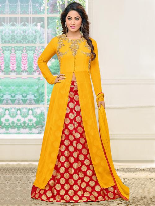 yellow georgette skirt dress material - 14469780 - Very Small Image - 1