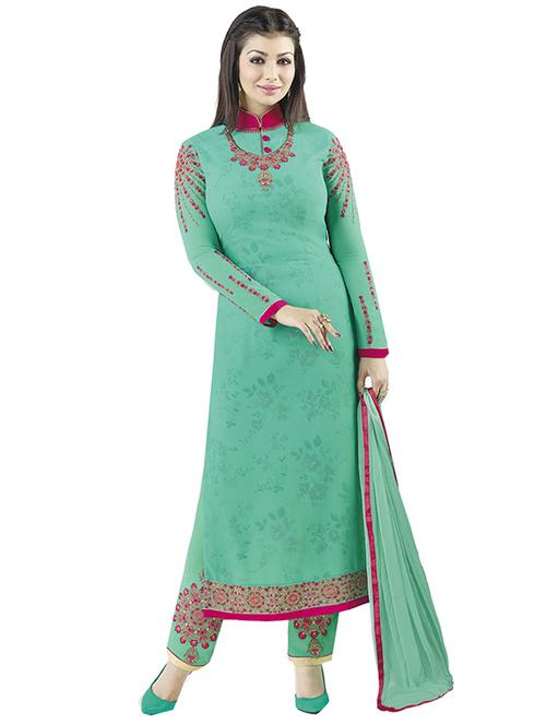 turquoise georgette straight pant suit dress material - 14469794 - Very Small Image - 1
