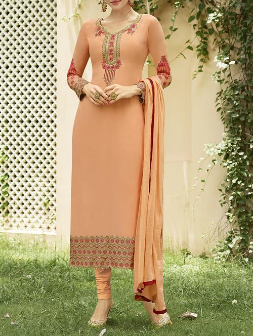 orange georgette churidaar suit dress material - 14469798 - Very Small Image - 1