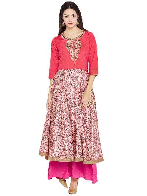 pink silk blend fusion kurta - 14469821 - Very Small Image - 1