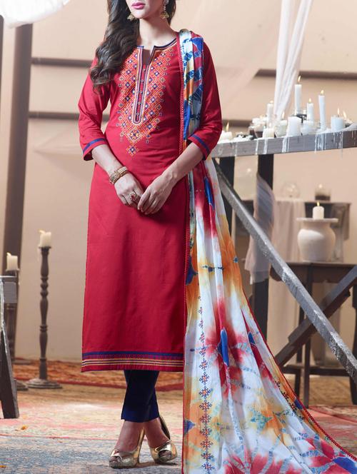 red cotton straight pant suits unstitched suit - 14469939 - Very Small Image - 1